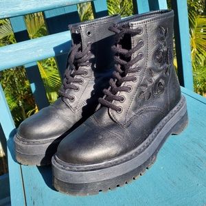 Embroidered Black Combat Boots